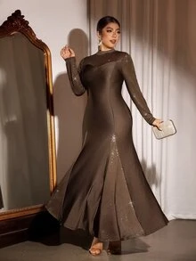 Cravure Plus Size Women's Elegant Comfortable Semi-High Neck Long Sleeve Coffee Color Gold Foil Glitter Patchwork Split Flowy Draped Mermaid Long Dress, Versatile For Daily Wear And Party Occasions - Coffee Brown - View 7
