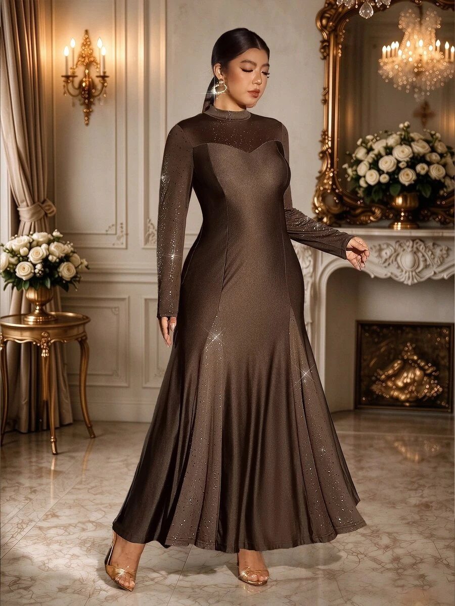 Cravure Plus Size Women's Elegant Comfortable Semi-High Neck Long Sleeve Coffee Color Gold Foil Glitter Patchwork Split Flowy Draped Mermaid Long Dress, Versatile For Daily Wear And Party Occasions - Coffee Brown - View 1