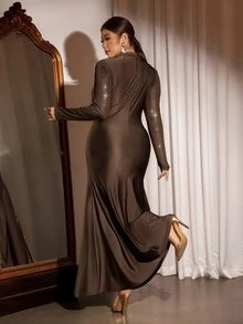 Cravure Plus Size Women's Elegant Comfortable Semi-High Neck Long Sleeve Coffee Color Gold Foil Glitter Patchwork Split Flowy Draped Mermaid Long Dress, Versatile For Daily Wear And Party Occasions - Coffee Brown - View 2