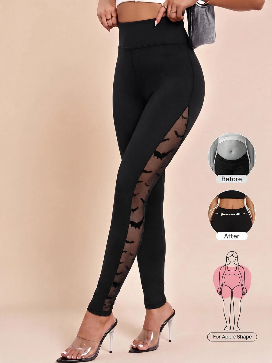 Amorya High Waist Bat Print Mesh Insert Skinny Pants Women's Halloween Costume - Black - View 1