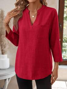 EMERY ROSE Women's V-Neck Plain Textured Fabric Casual Summer Shirt White V Neck Blouse Women Blouses For Linen Tops FALL Clothes Business Woman Button Up - Burgundy - View 3
