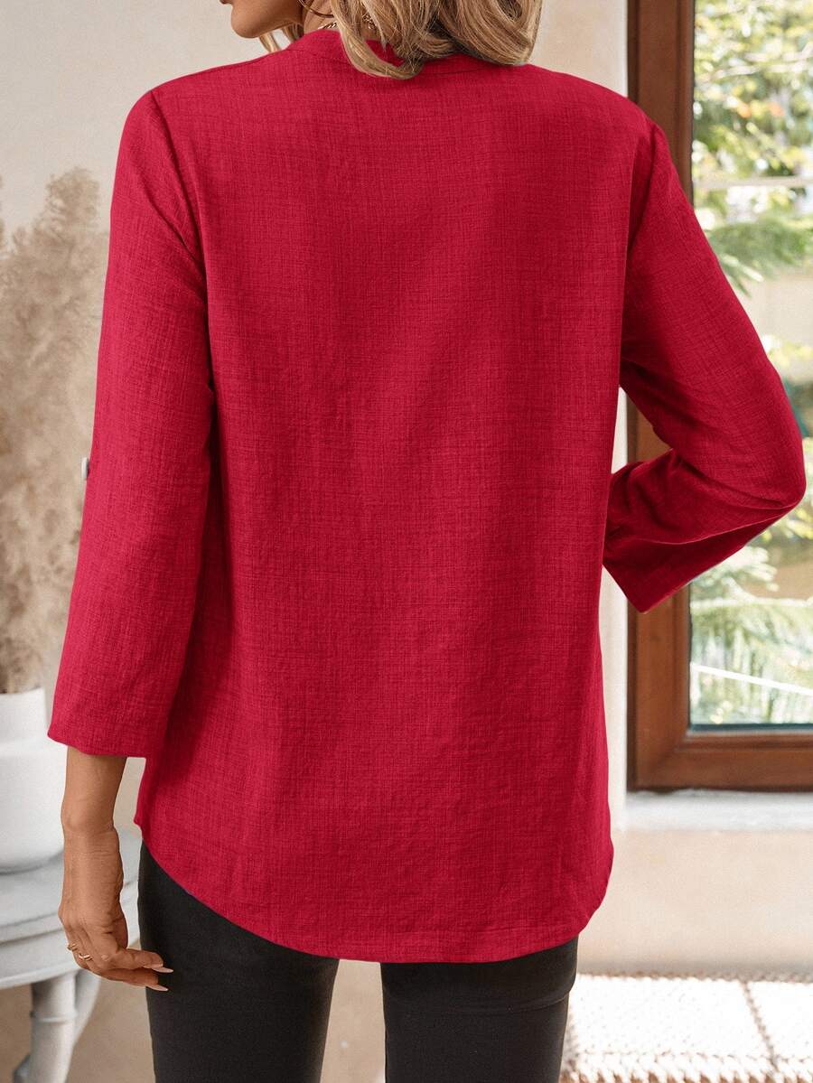 EMERY ROSE Women's V-Neck Plain Textured Fabric Casual Summer Shirt White V Neck Blouse Women Blouses For Linen Tops FALL Clothes Business Woman Button Up - Burgundy - View 1