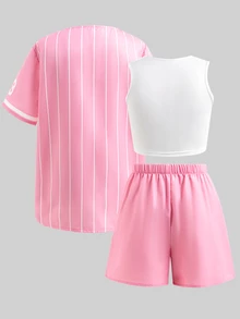 SHEIN 青少年女孩運動3件套粉色加州棒球球衣T恤上衣運動短褲套裝可愛背心夏季休閒街頭服飾套裝 - 粉色 - 查看 3