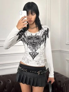 CHAOSSORY CHAOSSORY Women's Slim Fit V-Neck Regular Shoulder Long Sleeve T-Shirt Vintage Y2k Dark Style - White - View 7