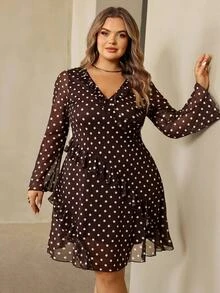 SHEIN CURVE+ Plus Size 22w Women's Black Polka Dot Short Ruffle V-Neck Mini Dress, Christmas Party & Everyday Christmas Fall - Brown - View 7