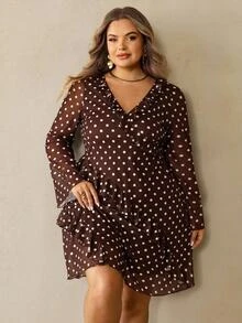 SHEIN CURVE+ Plus Size 22w Women's Black Polka Dot Short Ruffle V-Neck Mini Dress, Christmas Party & Everyday Christmas Fall - Brown - View 4