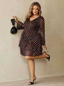 SHEIN CURVE+ Plus Size 22w Women's Black Polka Dot Short Ruffle V-Neck Mini Dress, Christmas Party & Everyday Christmas Fall - Brown - View 3
