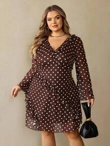 SHEIN CURVE+ Plus Size 22w Women's Black Polka Dot Short Ruffle V-Neck Mini Dress, Christmas Party & Everyday Christmas Fall - Brown - View 5