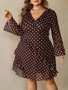 SHEIN CURVE+ Plus Size 22w Women's Black Polka Dot Short Ruffle V-Neck Mini Dress, Christmas Party & Everyday Christmas Fall - Brown - View 6