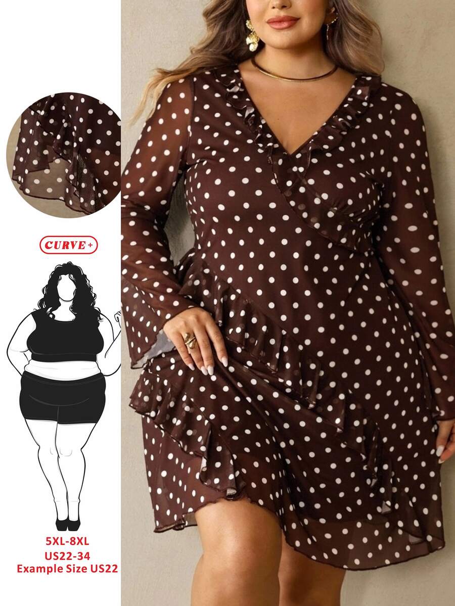 SHEIN CURVE+ Plus Size 22w Women's Black Polka Dot Short Ruffle V-Neck Mini Dress, Christmas Party & Everyday Christmas Fall - Brown - View 1
