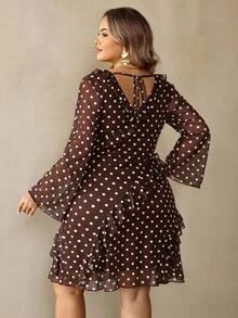 SHEIN CURVE+ Plus Size 22w Women's Black Polka Dot Short Ruffle V-Neck Mini Dress, Christmas Party & Everyday Christmas Fall - Brown - View 2