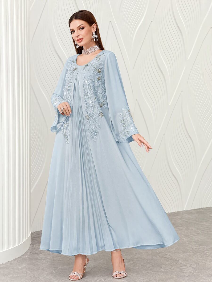 SHEIN Najma Elegant Pearl Embroidery Patchwork Front Pleated Long Sleeve Dress For Women - Baby Blue - View 1