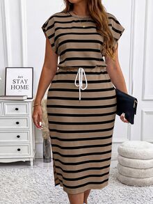 Vionelle Plus Size Knitted Striped Round Neck Puff Sleeve Bodycon Split Drawstring Mid-Calf Casual Dress, Autumn/Winter, For Thanksgiving Maxi Women Outfit - Brown - View 6