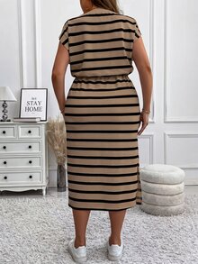 Vionelle Plus Size Knitted Striped Round Neck Puff Sleeve Bodycon Split Drawstring Mid-Calf Casual Dress, Autumn/Winter, For Thanksgiving Maxi Women Outfit - Brown - View 2