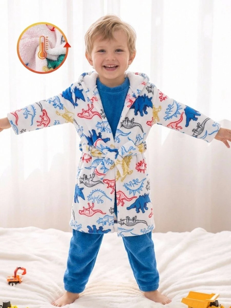 SHEIN Young Boy Autumn/Winter Plush Cartoon Dinosaur Print Pajama Robe Kids - Multicolor - View 1