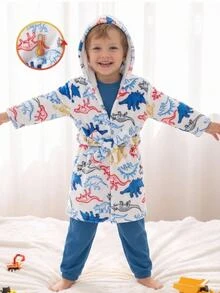 SHEIN Young Boy Autumn/Winter Plush Cartoon Dinosaur Print Pajama Robe Kids - Multicolor - View 3