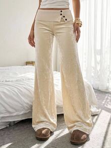 CovetEZ Women's Straight Leg Casual Pants With Waist Button Design - Apricot - View 4