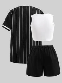 SHEIN 青少年女孩運動 3 件套黑色加州棒球球衣 T-shirt 上衣、運動短褲、可愛背心夏季休閒街頭服裝套裝 - 黑色 - 查看 3