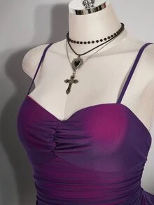 SHEIN ICON 大尺碼女款復古2000s/70s/90s哥德風黑色夏季夜店派對舞廳洋裝，Y2K網紗細肩帶修身不對稱下擺抓皺胸前設計 - 中紫紅色 - 查看 8