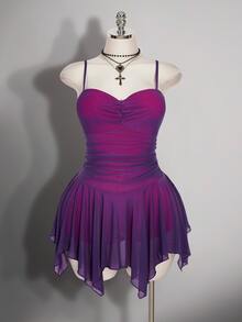 SHEIN ICON 大尺碼女款復古2000s/70s/90s哥德風黑色夏季夜店派對舞廳洋裝，Y2K網紗細肩帶修身不對稱下擺抓皺胸前設計 - 中紫紅色 - 查看 3