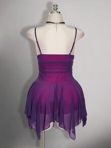 SHEIN ICON 大尺碼女款復古2000s/70s/90s哥德風黑色夏季夜店派對舞廳洋裝，Y2K網紗細肩帶修身不對稱下擺抓皺胸前設計 - 中紫紅色 - 查看 2