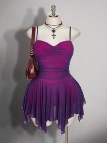 SHEIN ICON 大尺碼女款復古2000s/70s/90s哥德風黑色夏季夜店派對舞廳洋裝，Y2K網紗細肩帶修身不對稱下擺抓皺胸前設計 - 中紫紅色 - 查看 1