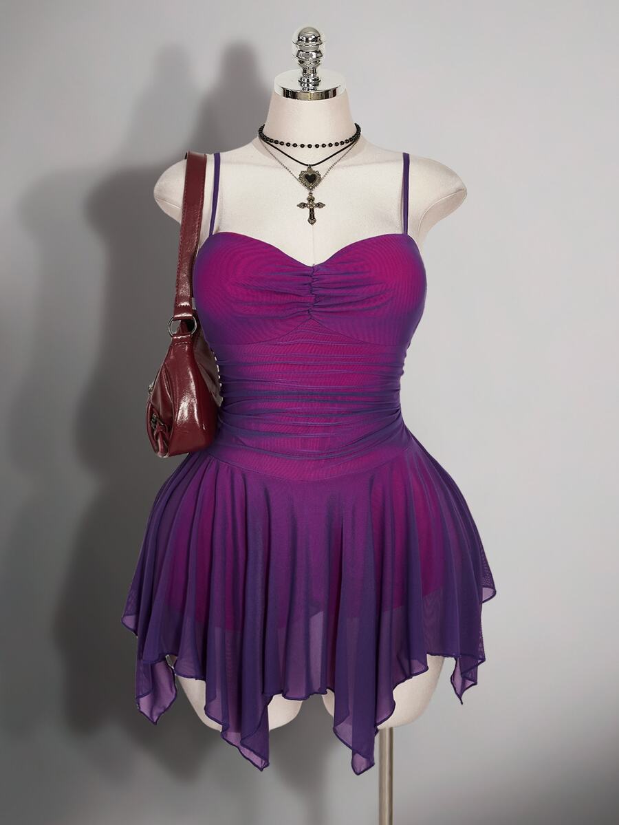 SHEIN ICON 大尺碼女款復古2000s/70s/90s哥德風黑色夏季夜店派對舞廳洋裝,Y2K網紗細肩帶修身不對稱下擺抓皺胸前設計 - 中紫紅色 - 查看 1