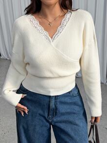 GalTyme Plus Size Women's Lace Patchwork Casual Daily Long Sleeve Sweater Winter - Beige - View 2