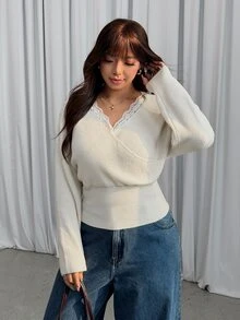 GalTyme Plus Size Women's Lace Patchwork Casual Daily Long Sleeve Sweater Winter - Beige - View 4