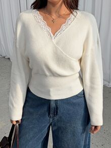 GalTyme Plus Size Women's Lace Patchwork Casual Daily Long Sleeve Sweater Winter - Beige - View 3