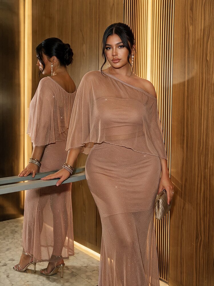 Firerie Plus Size Women's Solid Color Asymmetrical Shoulder Top Mermaid Skirt 2 Pieces Set Elegant Wedding Cocktail Party Formal Dress Fall/Winter New Year - Khaki - View 1