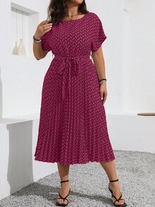 Vionelle 大尺碼波西米亞風柔軟面料圓領短袖滿版印花休閒前綁帶洋裝女裝，適合夏季約會之夜度假，酒紅色 - 玫紅色 - 查看 4