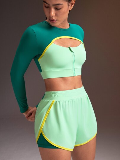 Powerista Women's 2 Pieces Faux Layered Zipper Placket Cropped Long Sleeve Top And Shorts Sports Set Running Set Gym Fitness Workout Green Sport Bra Training