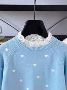SHEIN 女童心形刺繡鏤空拼接秋季毛衣 - 藍色 - 查看 8