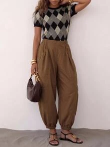 Zivah Autumn/Winter New Loose Bud Lantern Wide Leg Long Pants With Pockets Trousers For Party Birthday Back To School Daily Outing All-Match Versatile Holiday Office Commute Elegant Wear - Brown - View 8