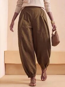 Zivah Autumn/Winter New Loose Bud Lantern Wide Leg Long Pants With Pockets Trousers For Party Birthday Back To School Daily Outing All-Match Versatile Holiday Office Commute Elegant Wear - Brown - View 10