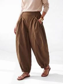 Zivah Autumn/Winter New Loose Bud Lantern Wide Leg Long Pants With Pockets Trousers For Party Birthday Back To School Daily Outing All-Match Versatile Holiday Office Commute Elegant Wear - Brown - View 5
