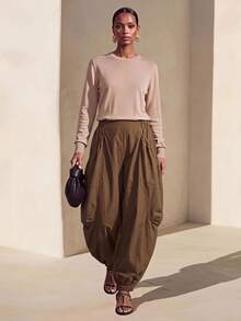 Zivah Autumn/Winter New Loose Bud Lantern Wide Leg Long Pants With Pockets Trousers For Party Birthday Back To School Daily Outing All-Match Versatile Holiday Office Commute Elegant Wear - Brown - View 3