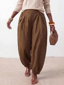 Zivah Autumn/Winter New Loose Bud Lantern Wide Leg Long Pants With Pockets Trousers For Party Birthday Back To School Daily Outing All-Match Versatile Holiday Office Commute Elegant Wear - Brown - View 11