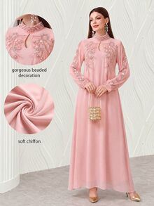 SHEIN Najma Elegant Lace Trim Beaded Decor Women's Dress - Baby Pink - View 1