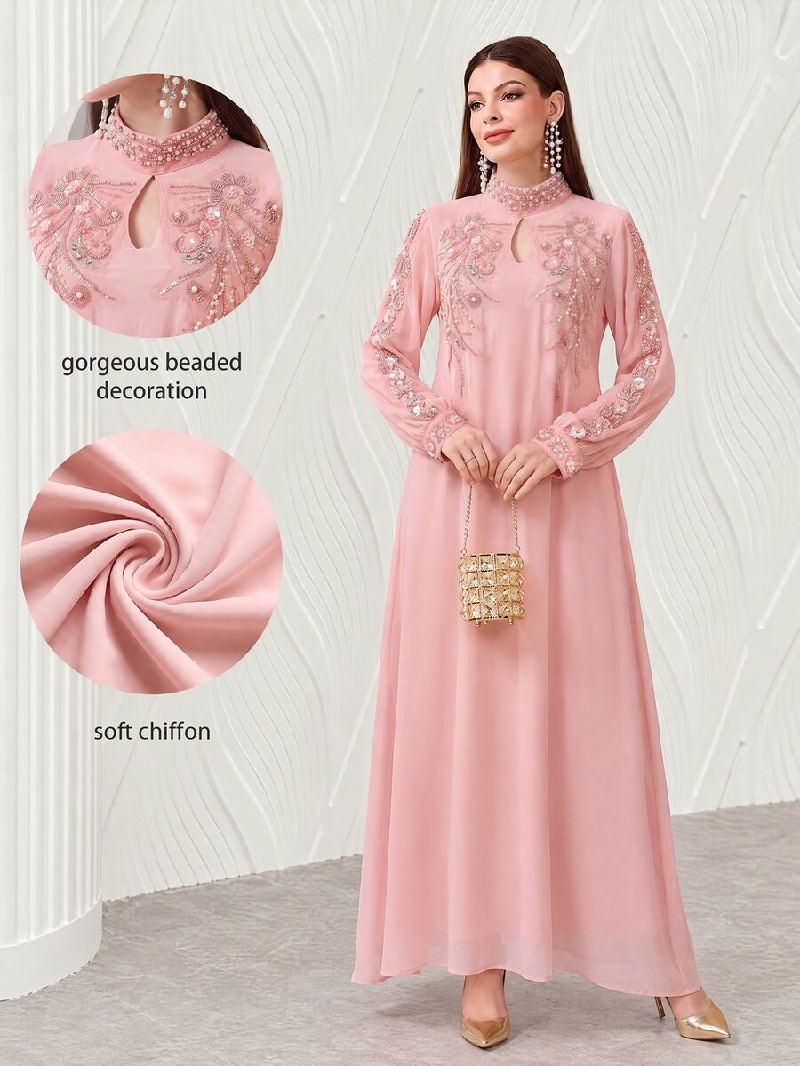 SHEIN Najma Elegant Lace Trim Beaded Decor Women's Dress - Baby Pink - View 1