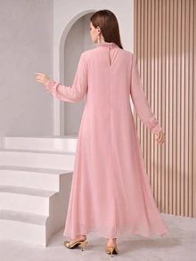 SHEIN Najma Elegant Lace Trim Beaded Decor Women's Dress - Baby Pink - View 2