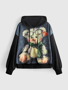 ROMWE Kawaii Autumn/Winter Cute Bear Distressed Print Oversized Women's Sweatshirt - Multicolor - View 1