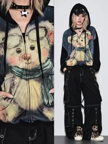 ROMWE Kawaii Autumn/Winter Cute Bear Distressed Print Oversized Women's Sweatshirt - Multicolor - View 11
