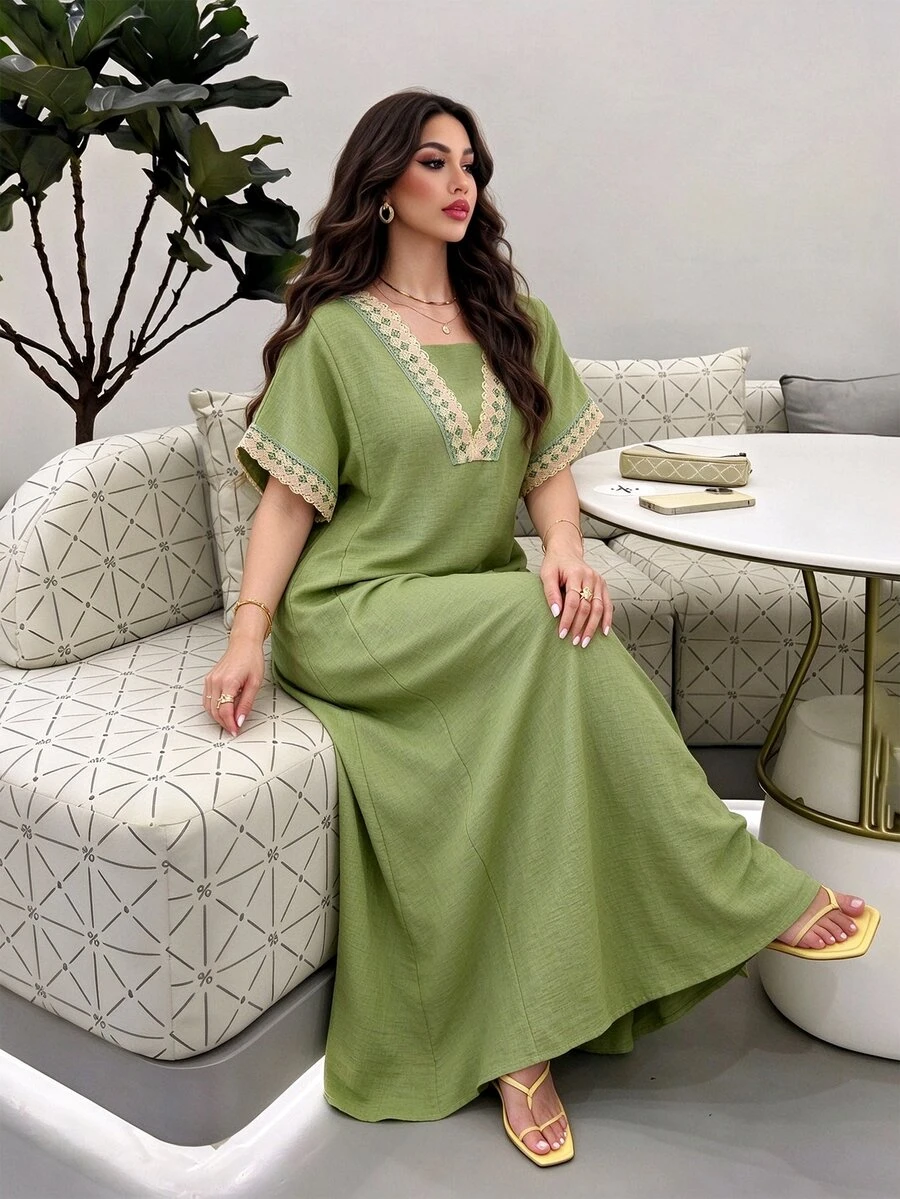 Al Najma Solid Color V-Neck Embroidered Lace 2 In 1 Loose Slimming Flared Elegant Fresh Green Dress For Women