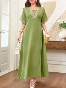 Al Najma Solid Color V-Neck Embroidered Lace 2 In 1 Loose Slimming Flared Elegant Fresh Green Dress For Women - Green - View 8