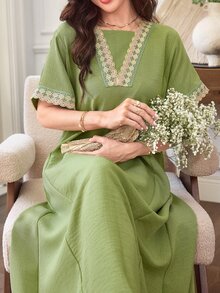Al Najma Solid Color V-Neck Embroidered Lace 2 In 1 Loose Slimming Flared Elegant Fresh Green Dress For Women - Green - View 4