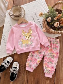 Newborn Baby Cartoon Pattern Round Neck Long Sleeve Top And Pants Casual Daily Outfit Set - Pink - View 5
