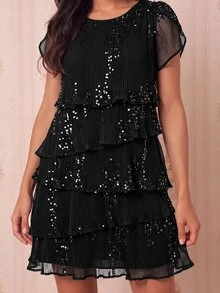 Amorya Women's Solid Color Petal Short Sleeve Sequin Multi-Layer Ruffle Fashion Short Dress Cocktail Party Club Night Out Black Summer Elegant Sexy Halloween - Black - View 8