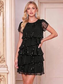 Amorya Women's Solid Color Petal Short Sleeve Sequin Multi-Layer Ruffle Fashion Short Dress Cocktail Party Club Night Out Black Summer Elegant Sexy Halloween - Black - View 1